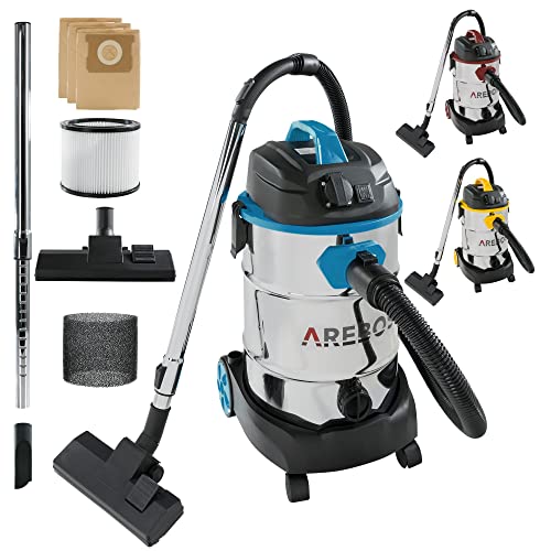 Arebos Aspirador Industrial de Acero Inoxidable | Aspiradoras en seco y húmedo | Utilizar como Aspirador de Cenizas | Aspiradores industriales con y sin Bolsa | 1600W | 30L | Azul